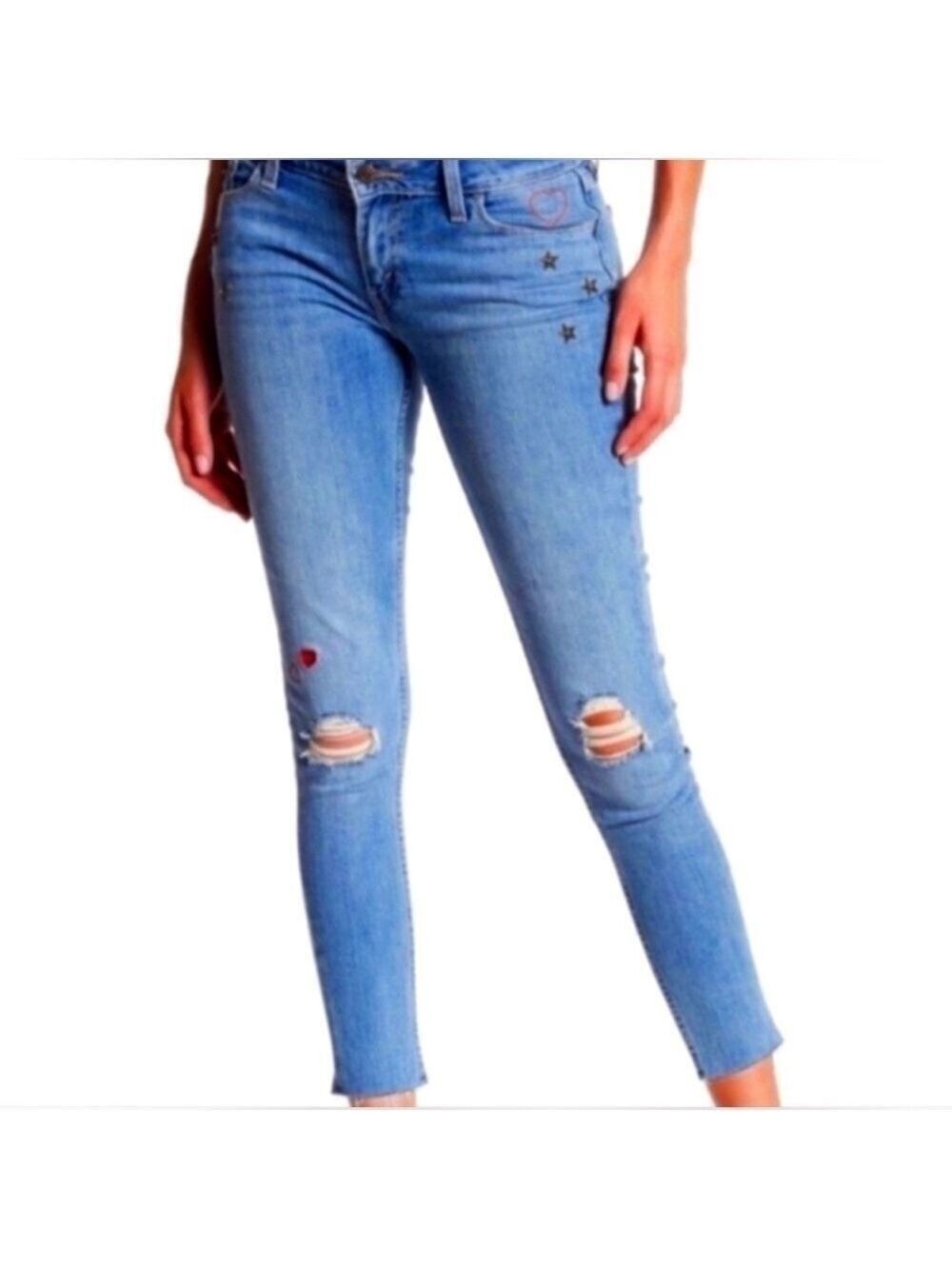 Levi's 535 Super Skinny Raw Hem Star and Heart Embroidered Ankle Jeans Sz 30